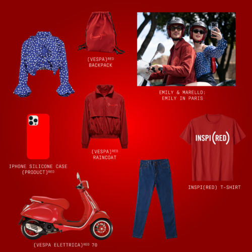 Emily in Paris Halloween costume kit featuring (VESPA)ᴿᴱᴰ products