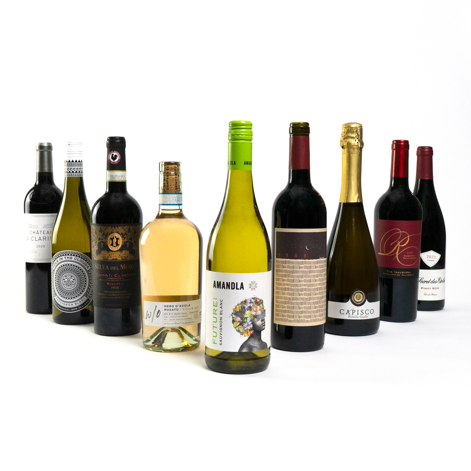 9 bottles of red, white, and rose (LAITHWAITES)ᴿᴱᴰ wine lined up on a white background