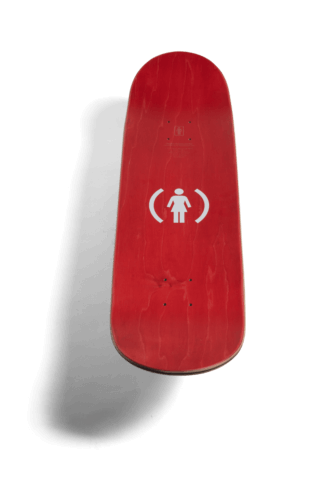 Top of (GIRL)ᴿᴱᴰ Geering Stripe Deck: Features a white Girl logo inside a pair of white parenthesis, all on a deep red skateboard deck