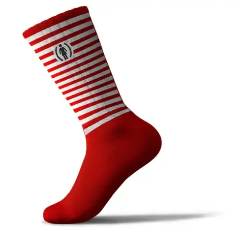 (GIRL)ᴿᴱᴰ Geering Stripe Socks. Red and white stripes with a red foot/sole. At the top, a small embroidered Girl Skateboard logo